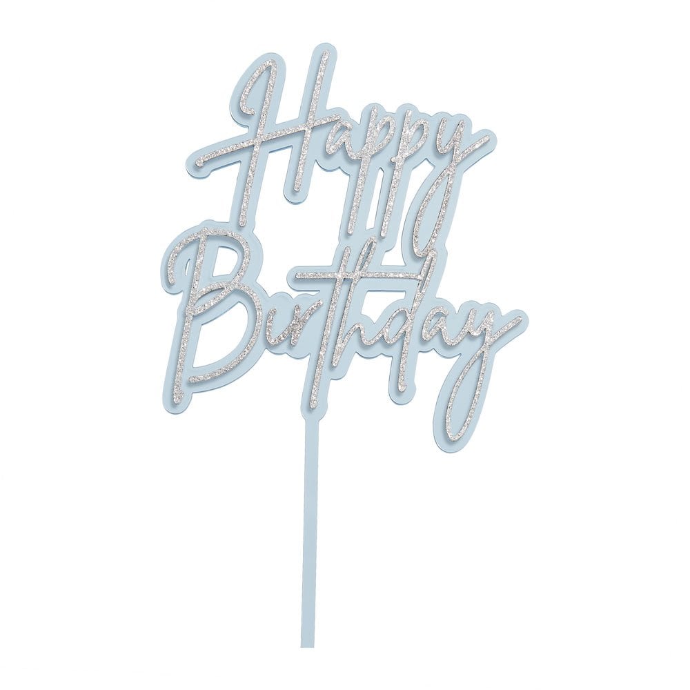 Happy Birthday - Light Blue/Silver Glitter Double Layer Cake Decorating Topper