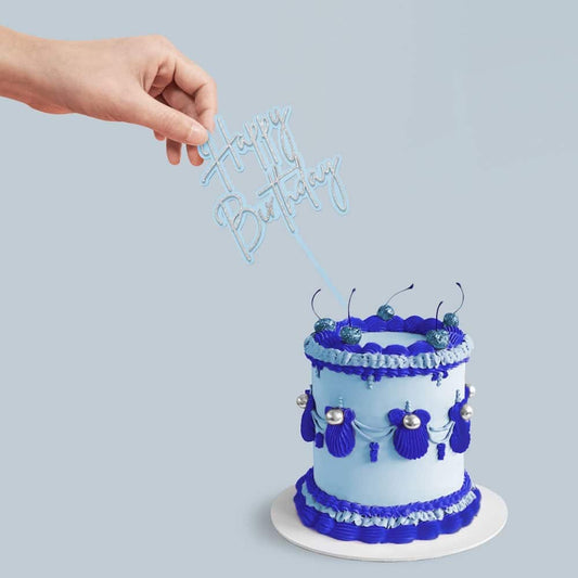 Happy Birthday - Light Blue/Silver Glitter Double Layer Cake Decorating Topper