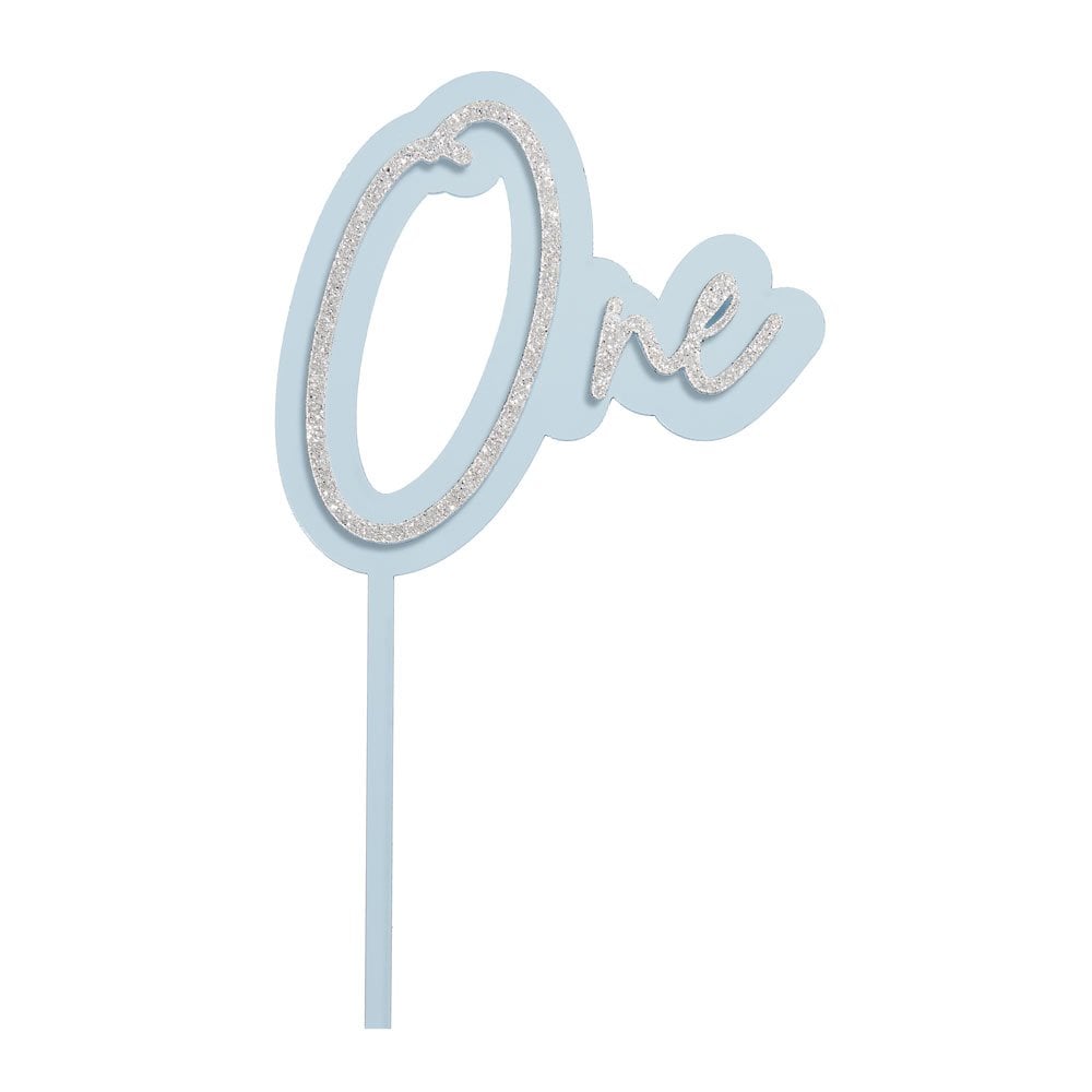 One - Light Blue/Silver Glitter Double Layer Cake Decorating Topper