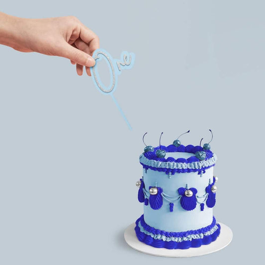 One - Light Blue/Silver Glitter Double Layer Cake Decorating Topper