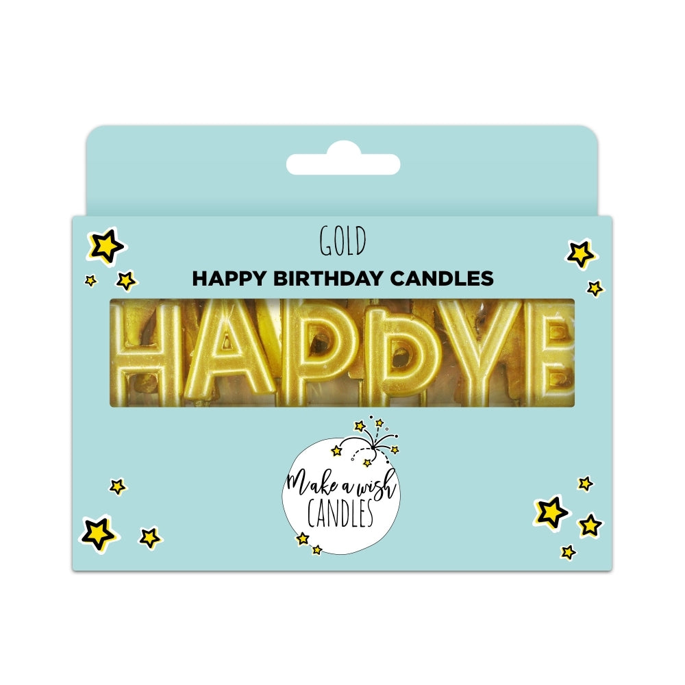 MAKE A WISH - Classic Gold, Silver, Red 'Happy Birthday' Candles