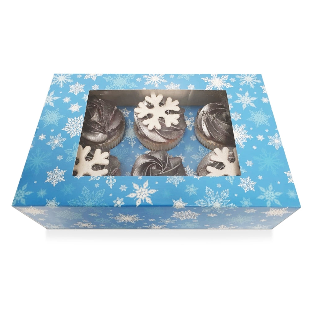 Holds 6 Blue Snowflake Satin Cupcake Box