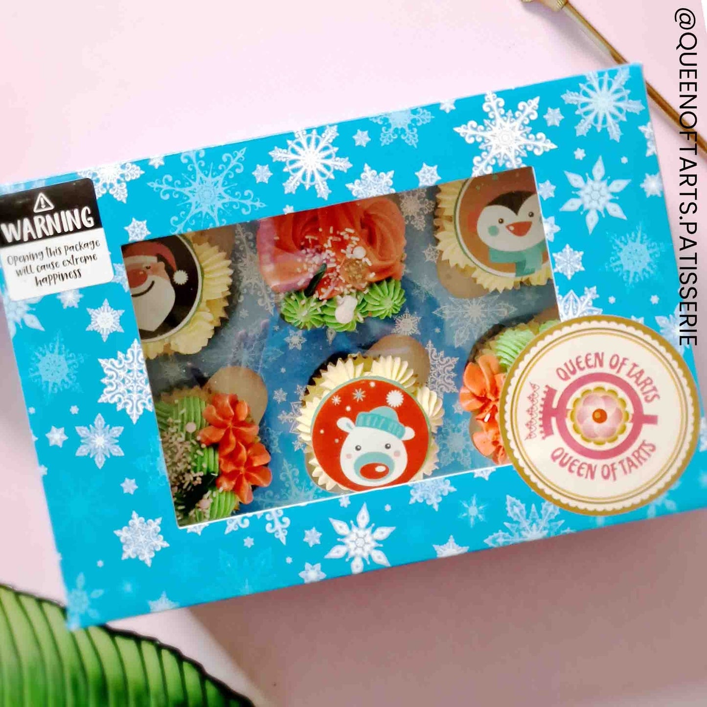 Holds 6 Blue Snowflake Satin Cupcake Box