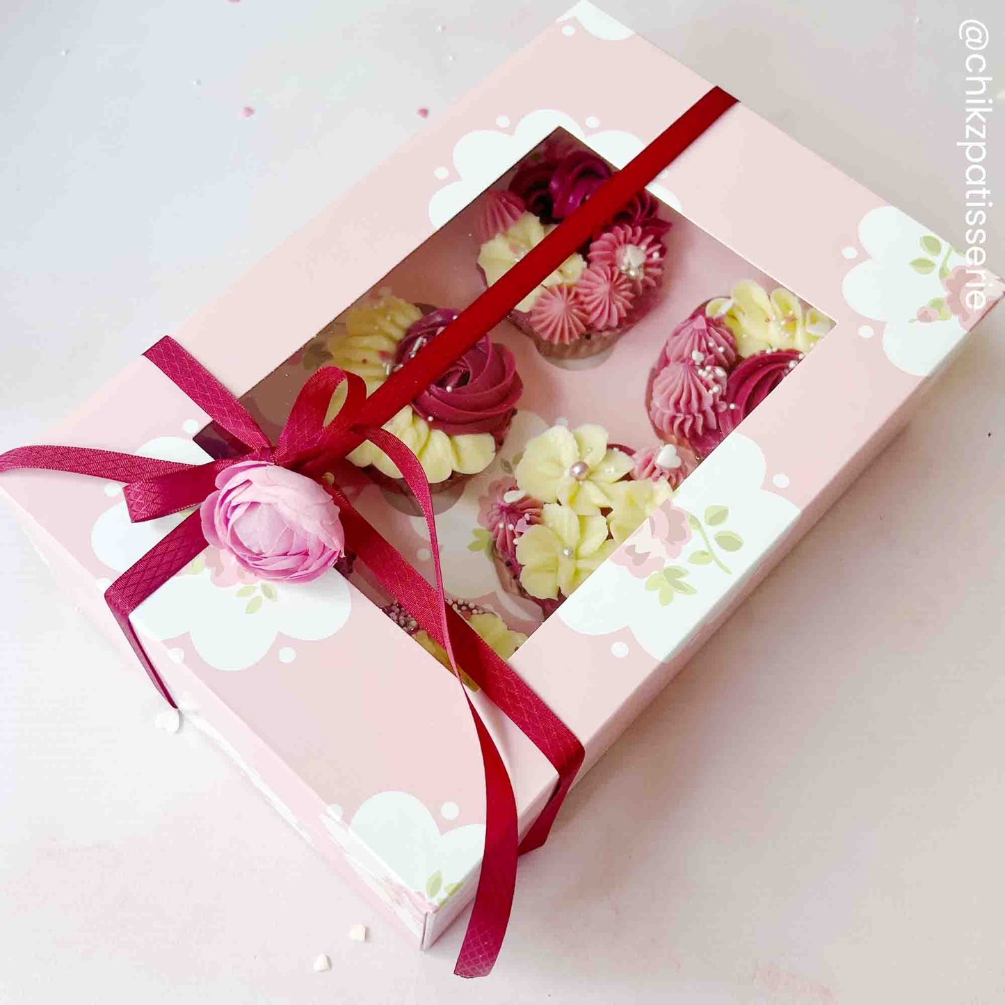 Holds 6 Pink Rose Satin Cupcake Box