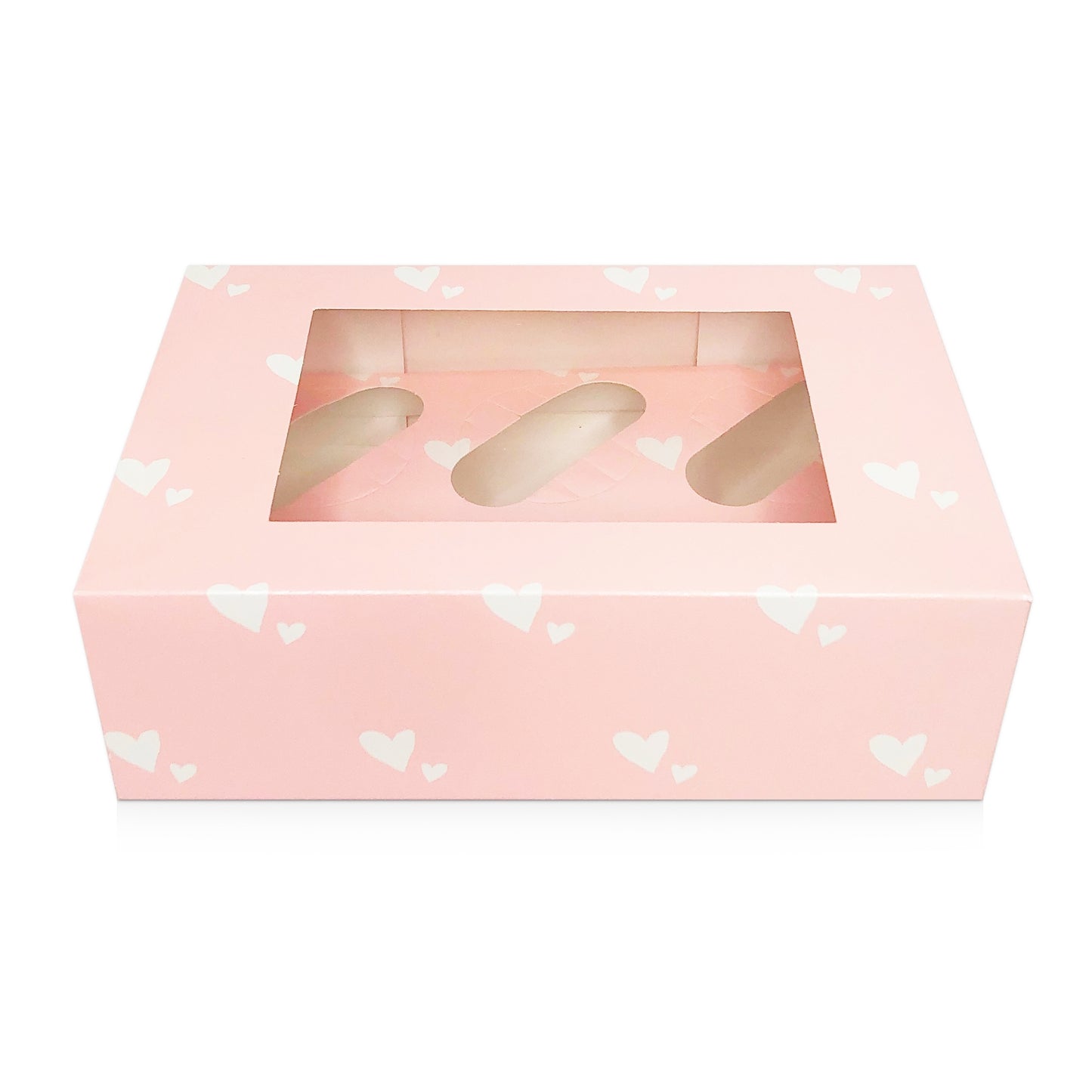 Pink With White Hearts Satin Cupcake Box With Window