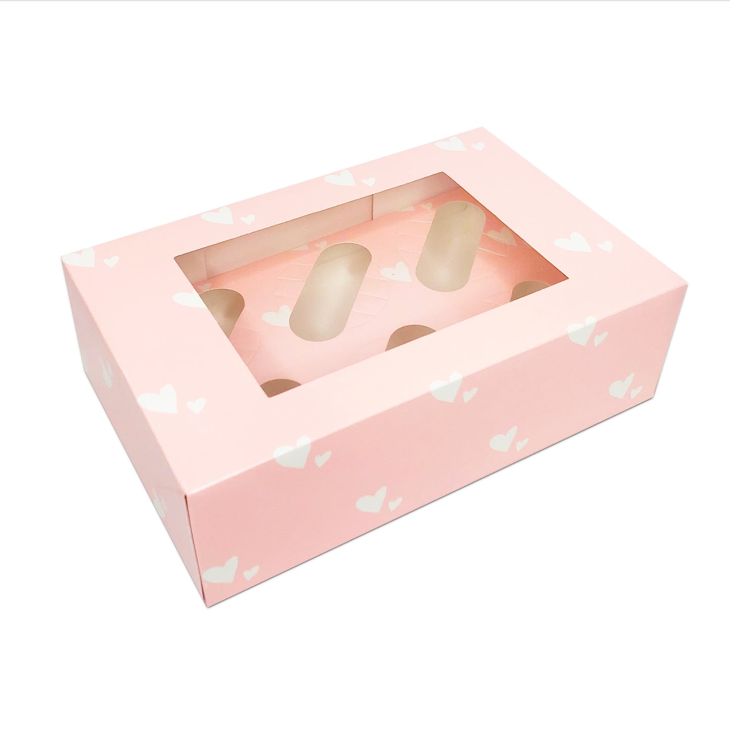 Pink With White Hearts Satin Cupcake Box With Window