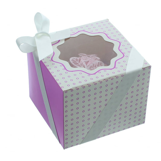 Single Luxury Satin Cupcake Box - White With Lavender Circles