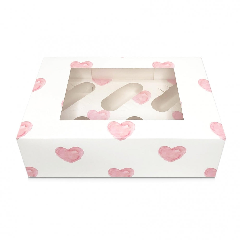 White With Pink Hearts Satin Cupcake Box With Window - Holds 6