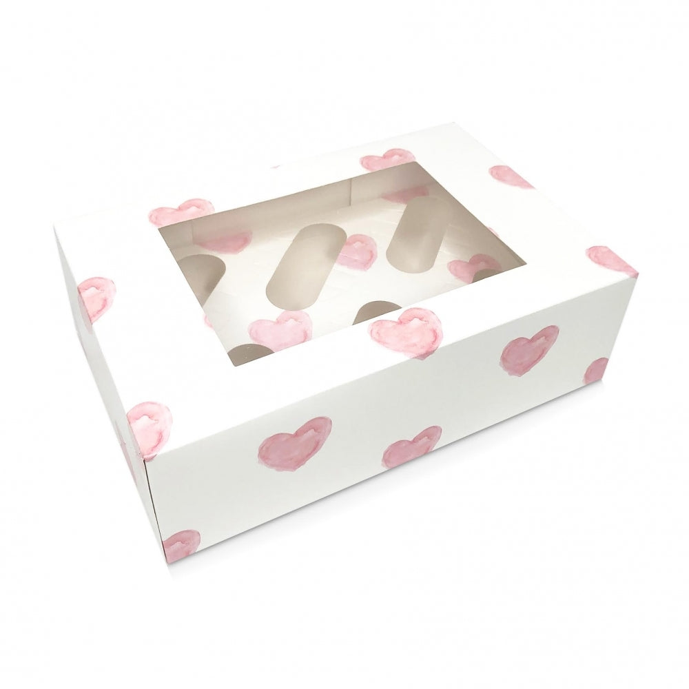 White With Pink Hearts Satin Cupcake Box With Window - Holds 6